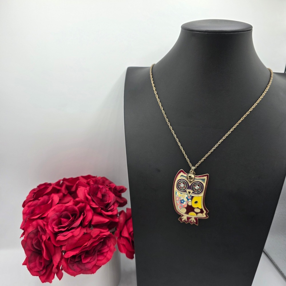 Vintage Style Enamel Owl Statement Necklace Gold Tone Floral Rhinestone Long 36"